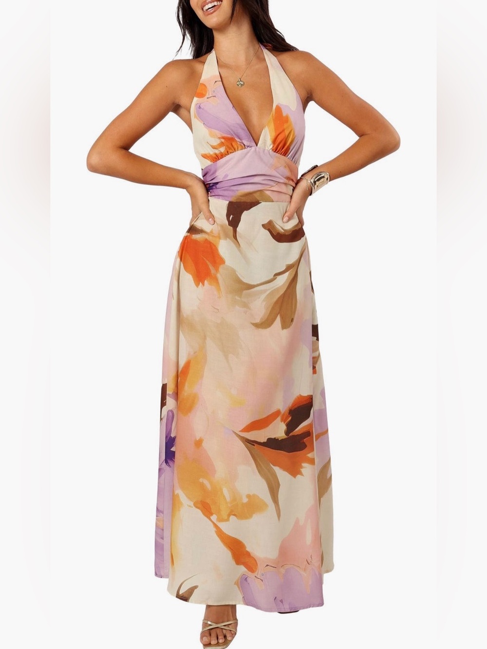Petal & Pup NWT Marie Floral Halter Maxi Dress V-Neck Open Back Wedding Guest